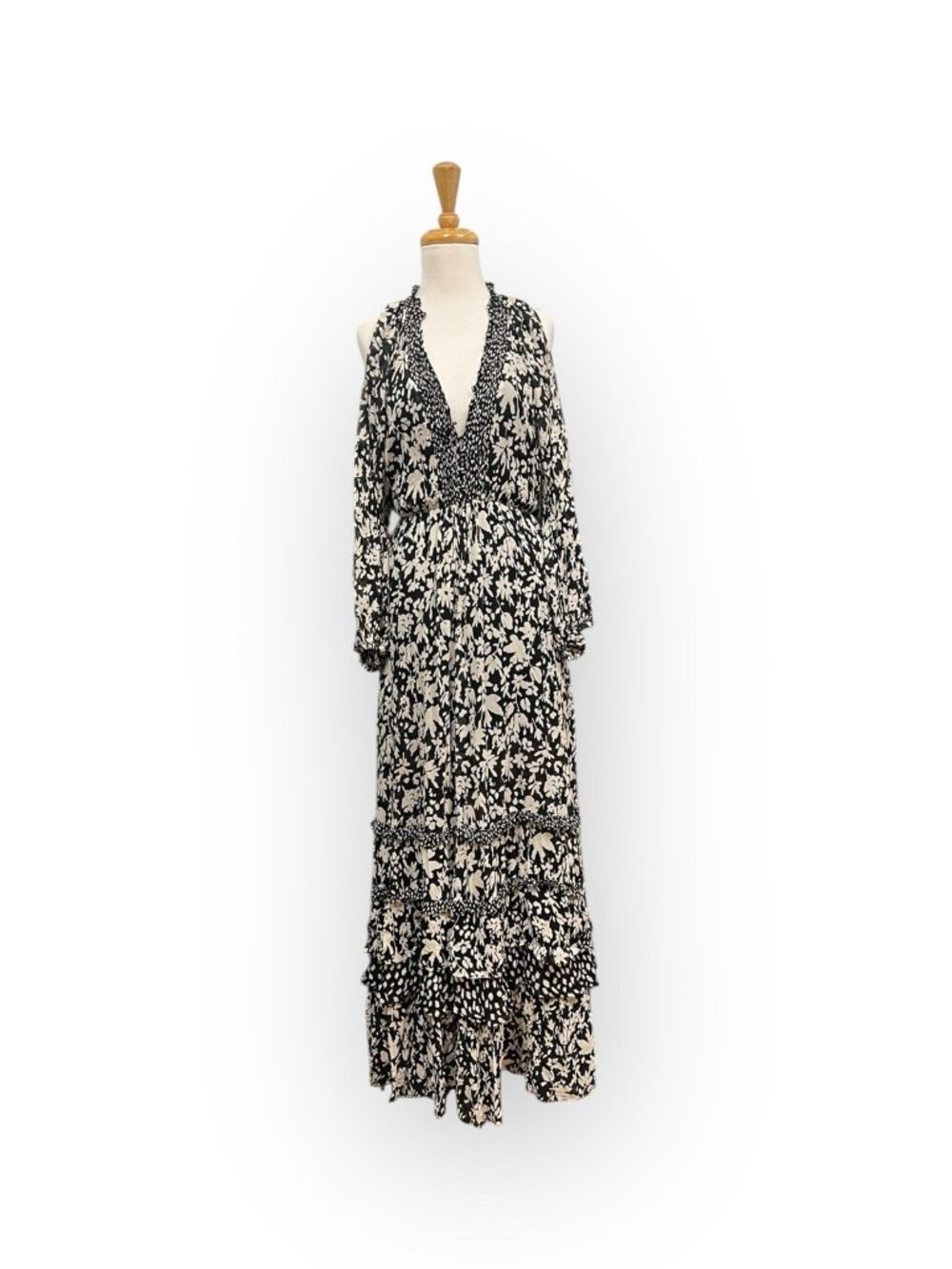 ba&sh Fanny Cold Shoulder Maxi Dress Size Xs Floral Beige and Black